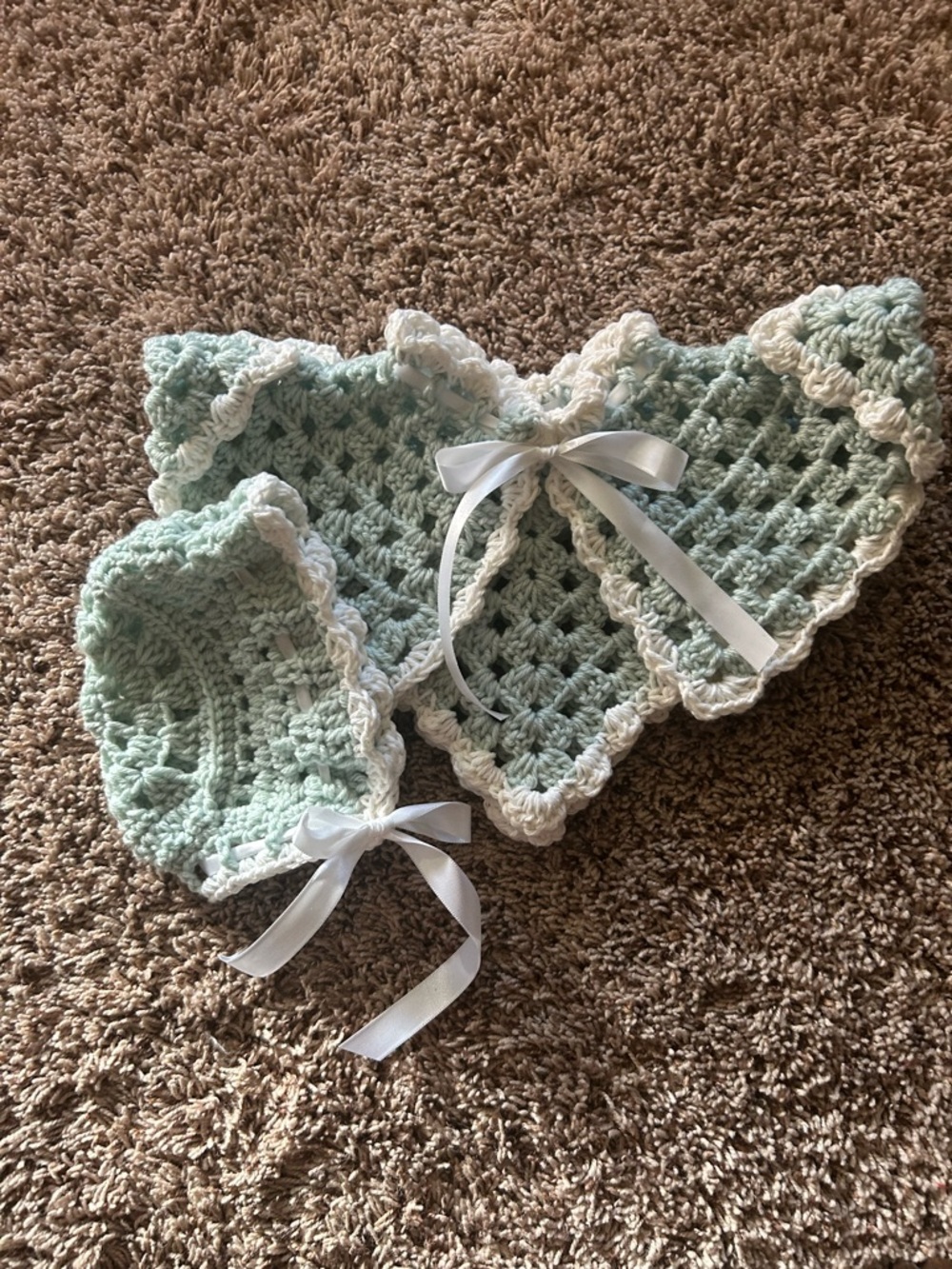 Handmade Mint Green Crochet Kids Cape and Bonnet Set with bootie’s 4 piece set